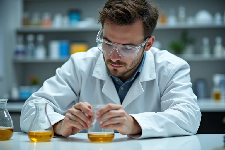 A scientist in a lab coat examining a plant extract in a beaker, symbolizing scientific rigor and quality control.