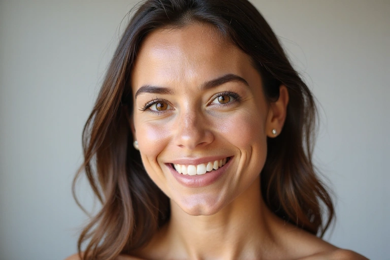 A woman with radiant, healthy skin, smiling confidently in a natural setting.