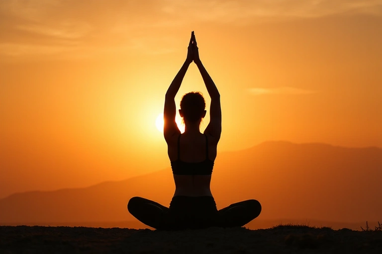 A person practicing yoga at sunrise, symbolizing holistic wellness and stress reduction.