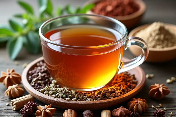 Herbal tea ingredients and a cup of tea, symbolizing natural remedies.