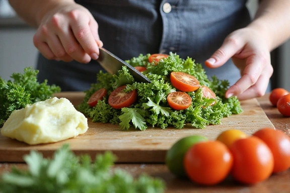 Someone preparing a healthy meal with fresh ingredients in a modern kitchen, symbolizing nutrition.