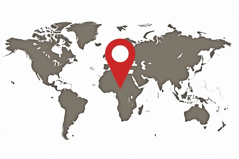 A map pin icon placed on a world map, symbolizing global shipping.