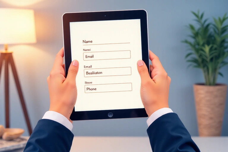 A person filling out a form on a tablet, symbolizing customer information entry.