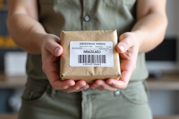 Hand holding a package with a return label