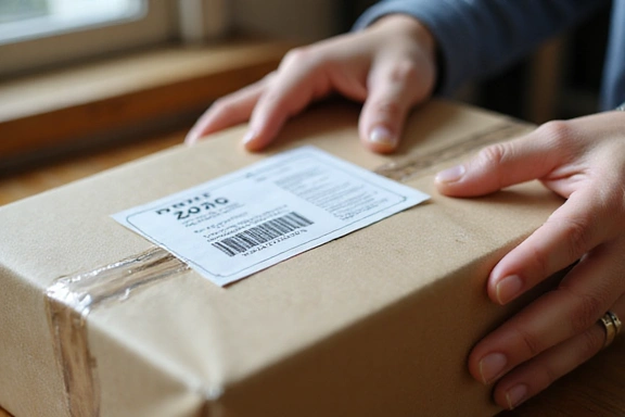 Package being prepared for shipping, with a tracking label