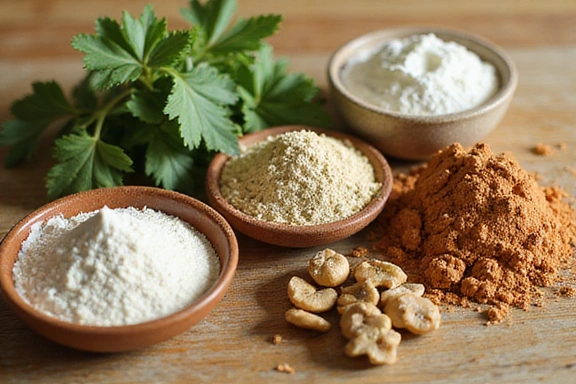 Various natural ingredients like herbs and plant extracts on a clean surface